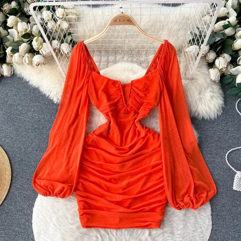 orange long sleeve ruched dress Long sleeve sequin ruched mini dress Rust Rust / Large