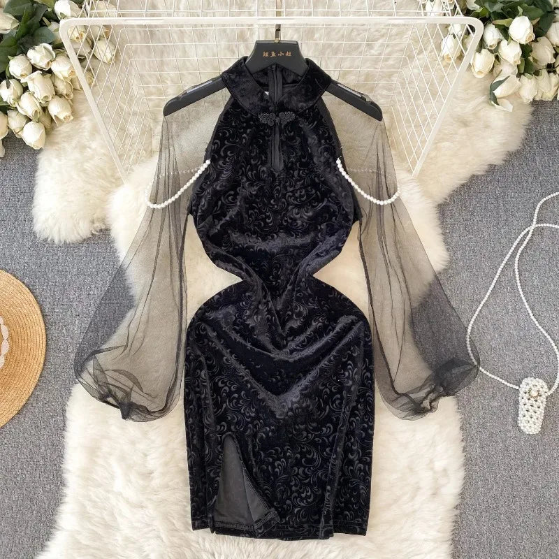 Elegant Black Velvet Dress With Sheer Sleeves