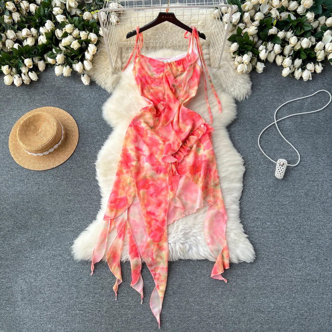 Floral Tie-dye Chiffon Asymmetrical Summer Dress