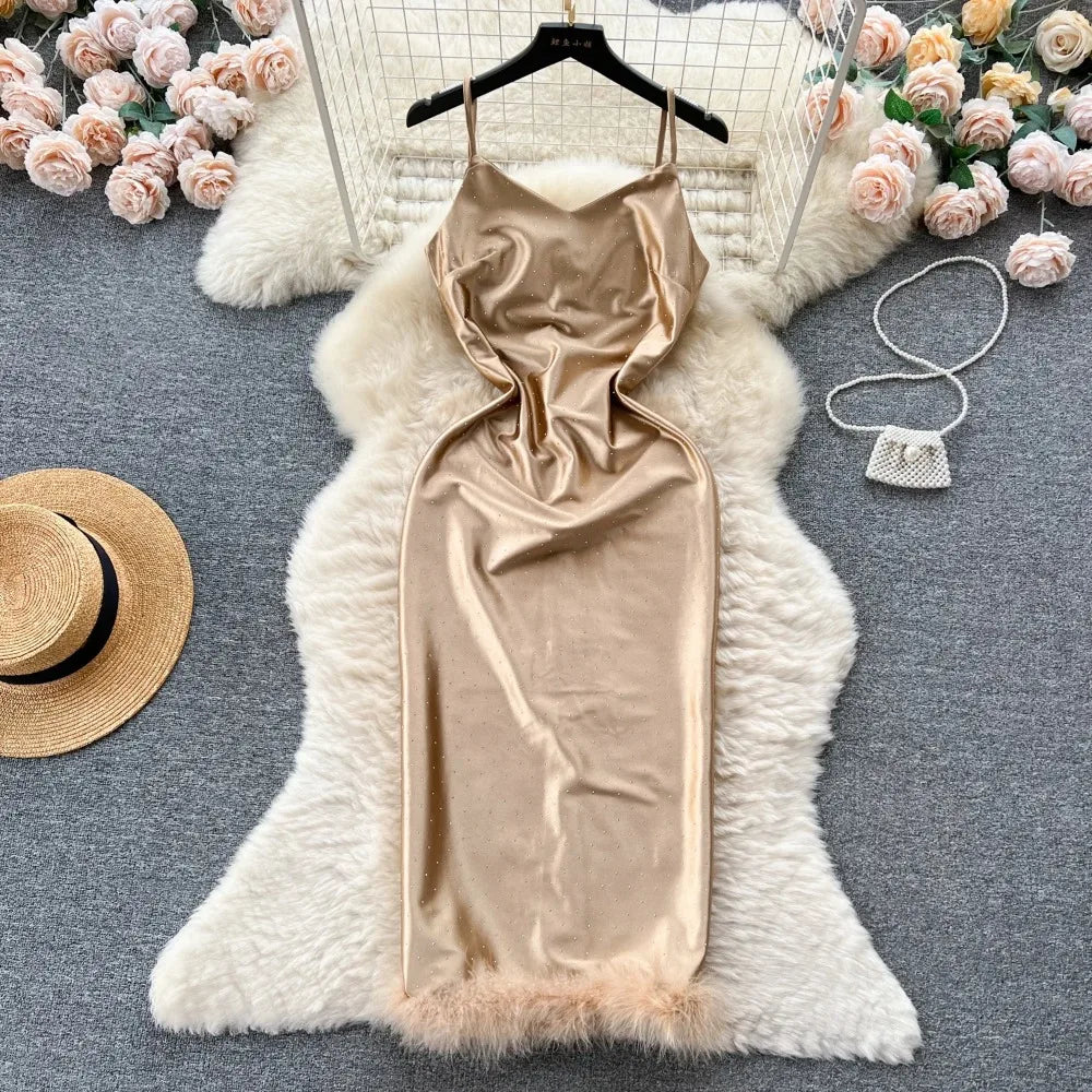 green emerald velvet dress Gold Slinky Asymmetrical Midi Dress main image 0