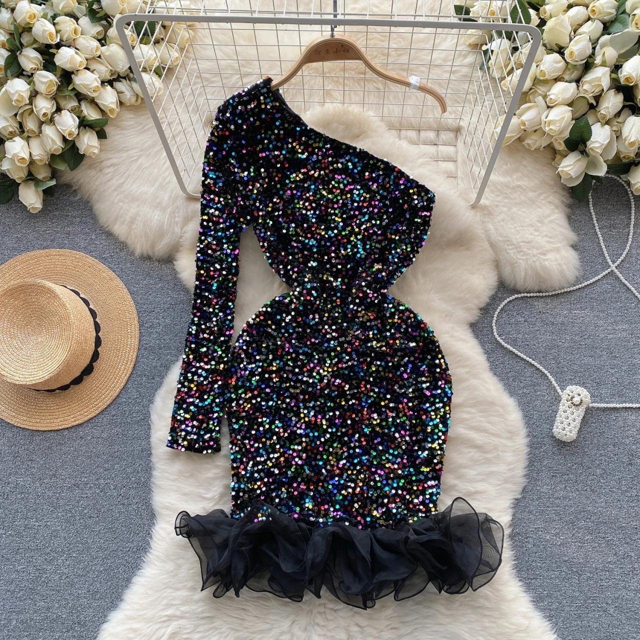 One-shoulder Sequin Mini Dress With Ruffle Hem on Luulla