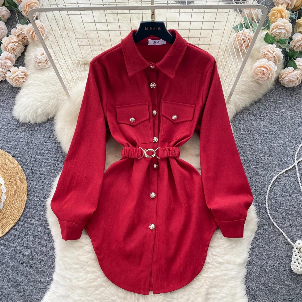 red belted shirt dress The Naomi Belted Button-Up Shirt Dress