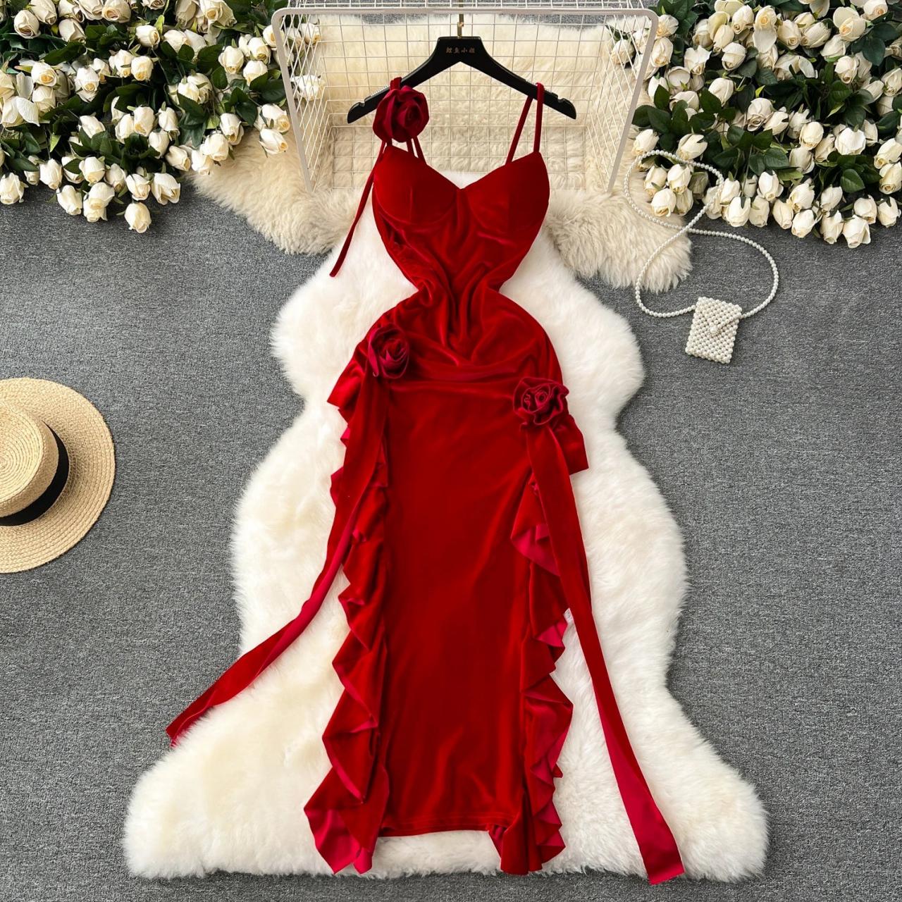Elegant Red Velvet Dress With Floral Accents