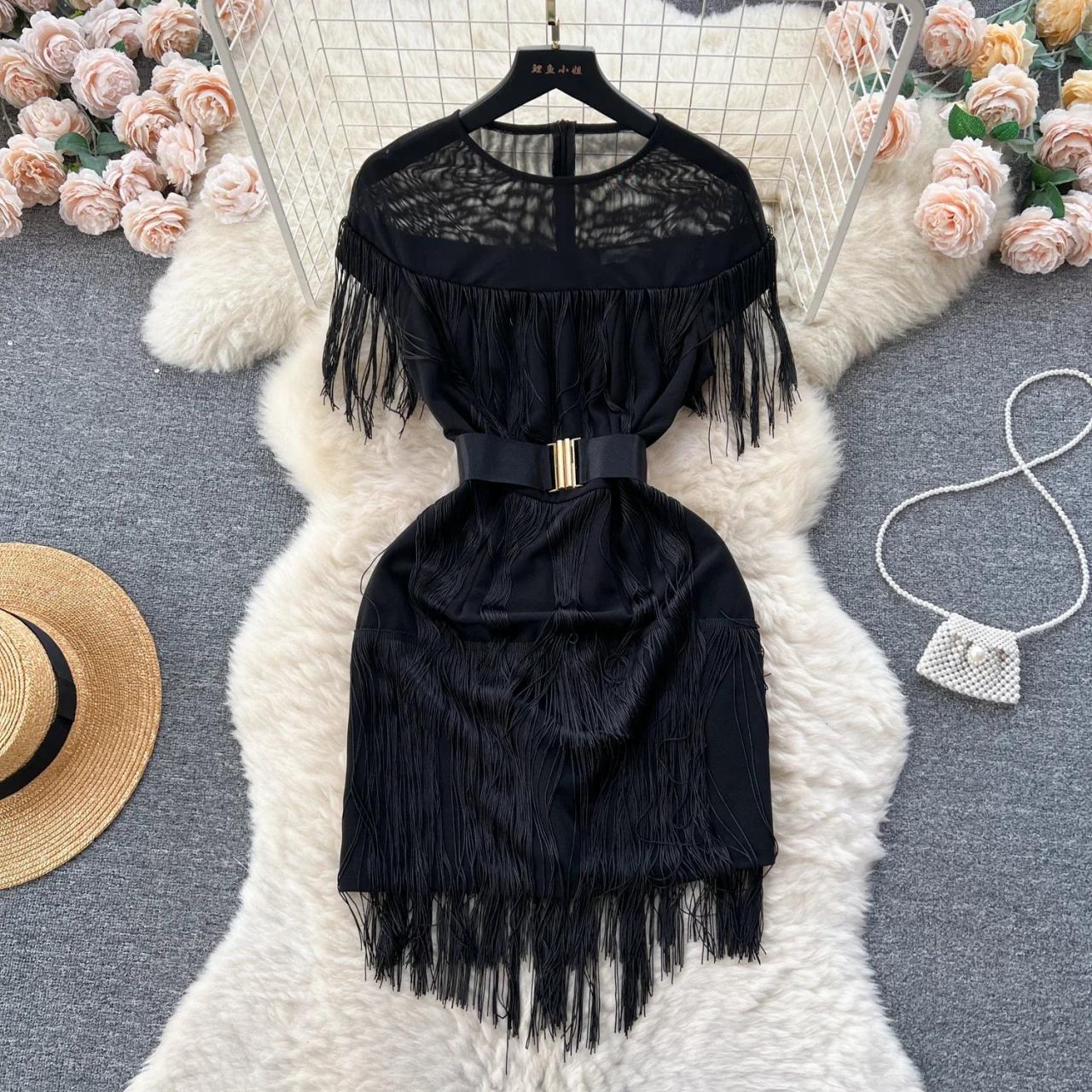 Elegant Black Fringe Dress With Belt Accents on Luulla