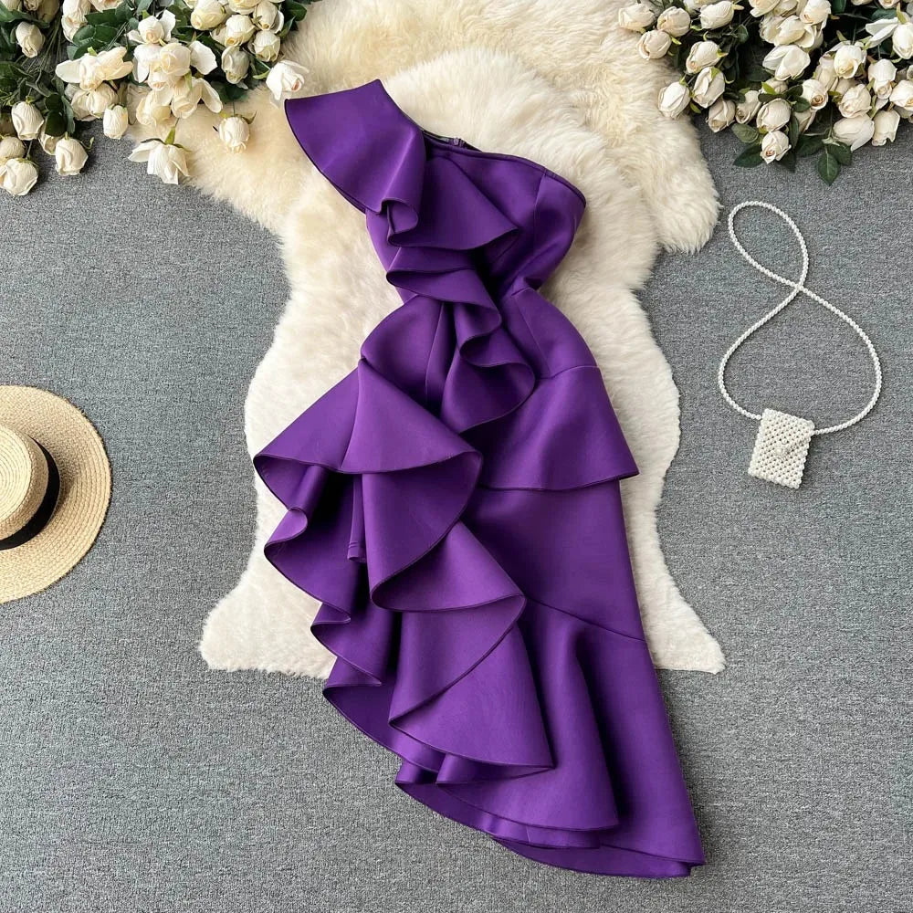 dark purple ruffle dress DOLLY Elegant Retro Style Deep Purple Ruffled Off Shoulder Midi Dress-PINKY XL / Purple
