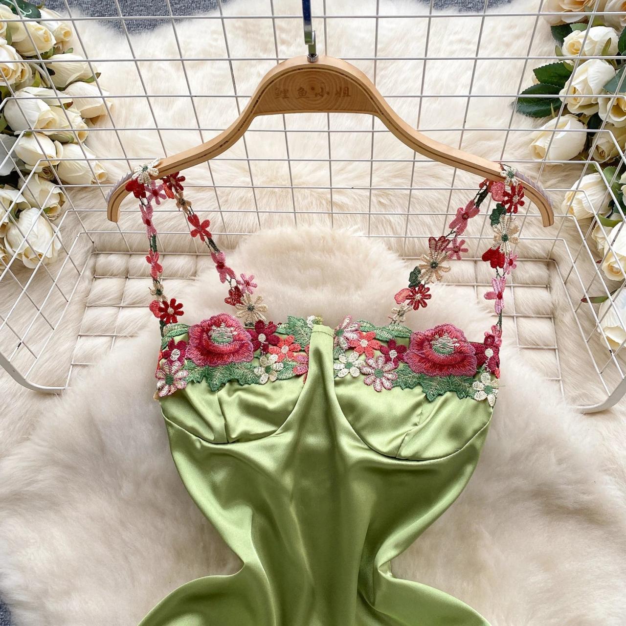 Floral Embroidered Satin Slip Dress For Women on Luulla