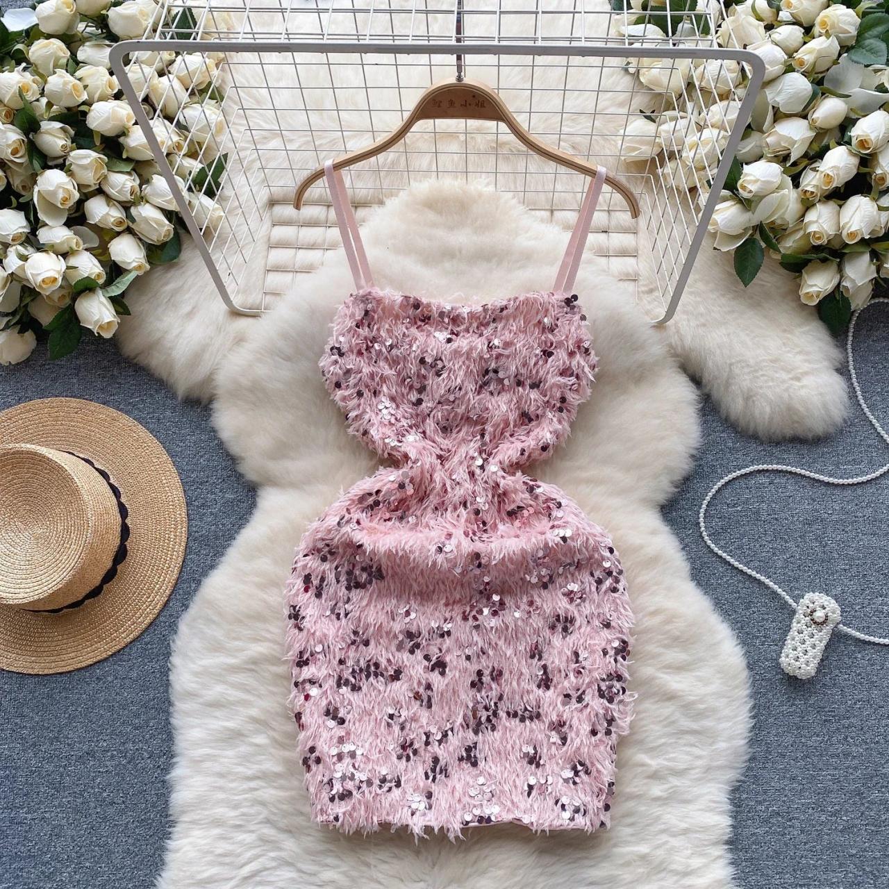Pink Sequin Fur-spaghetti Strap Party Dress on Luulla