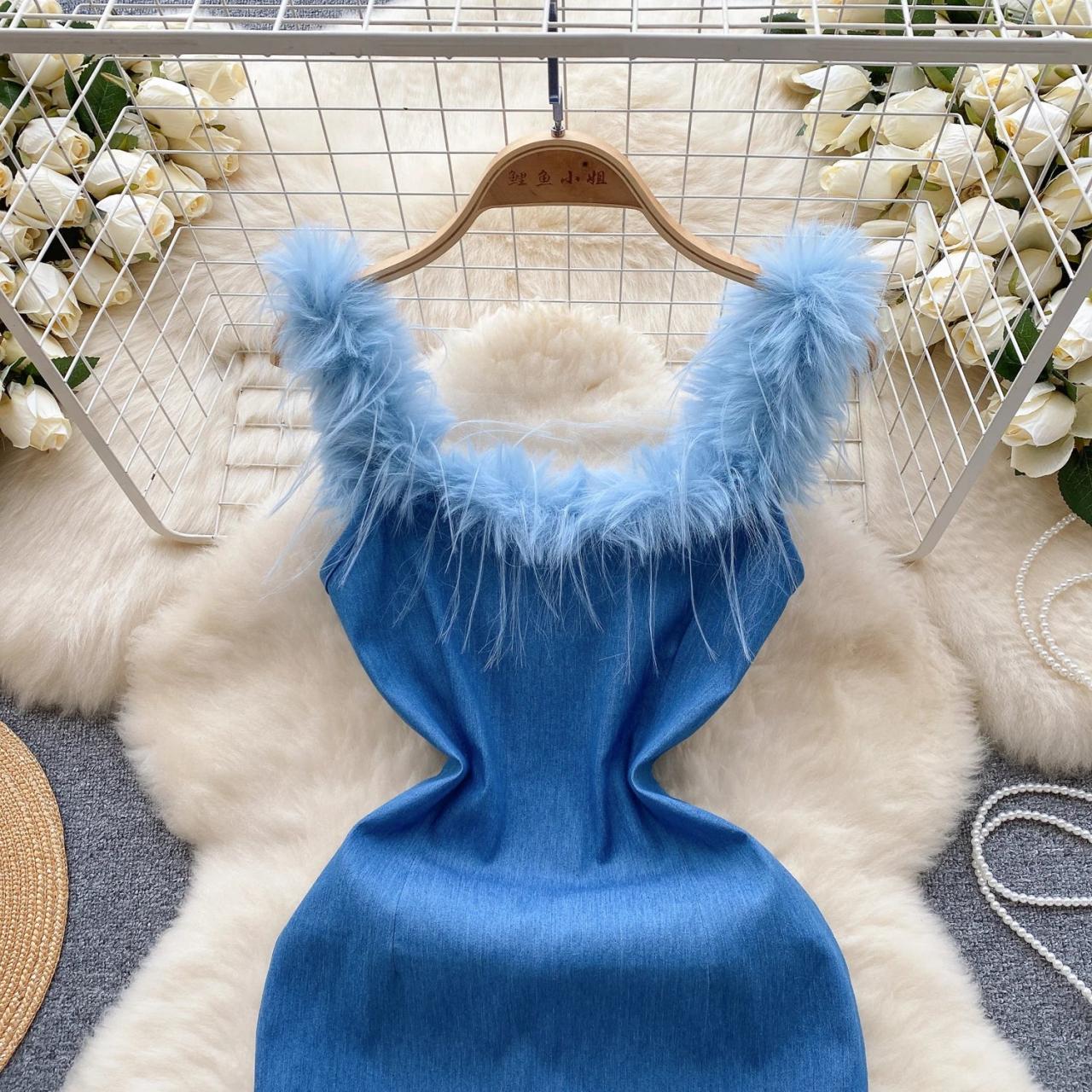 Blue Denim Dress With Faux Fur Trim on Luulla