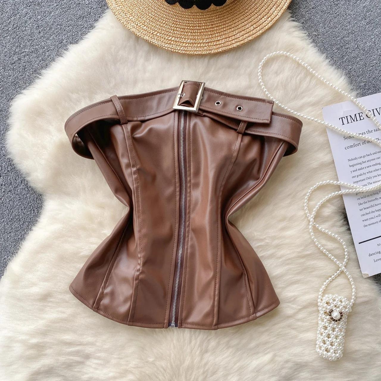 Vegan Leather Brown Corset Belt With Zipper on Luulla display picture 1