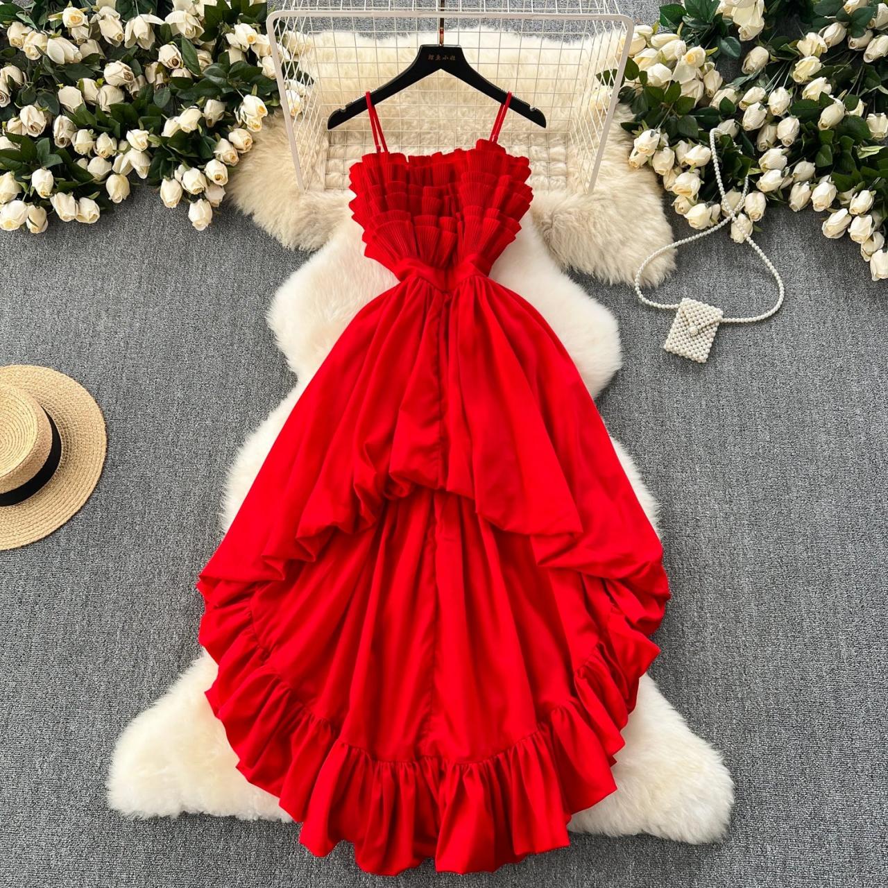 red ruffle high low dress Leona High Low Ruffle Dress In Fire Red
