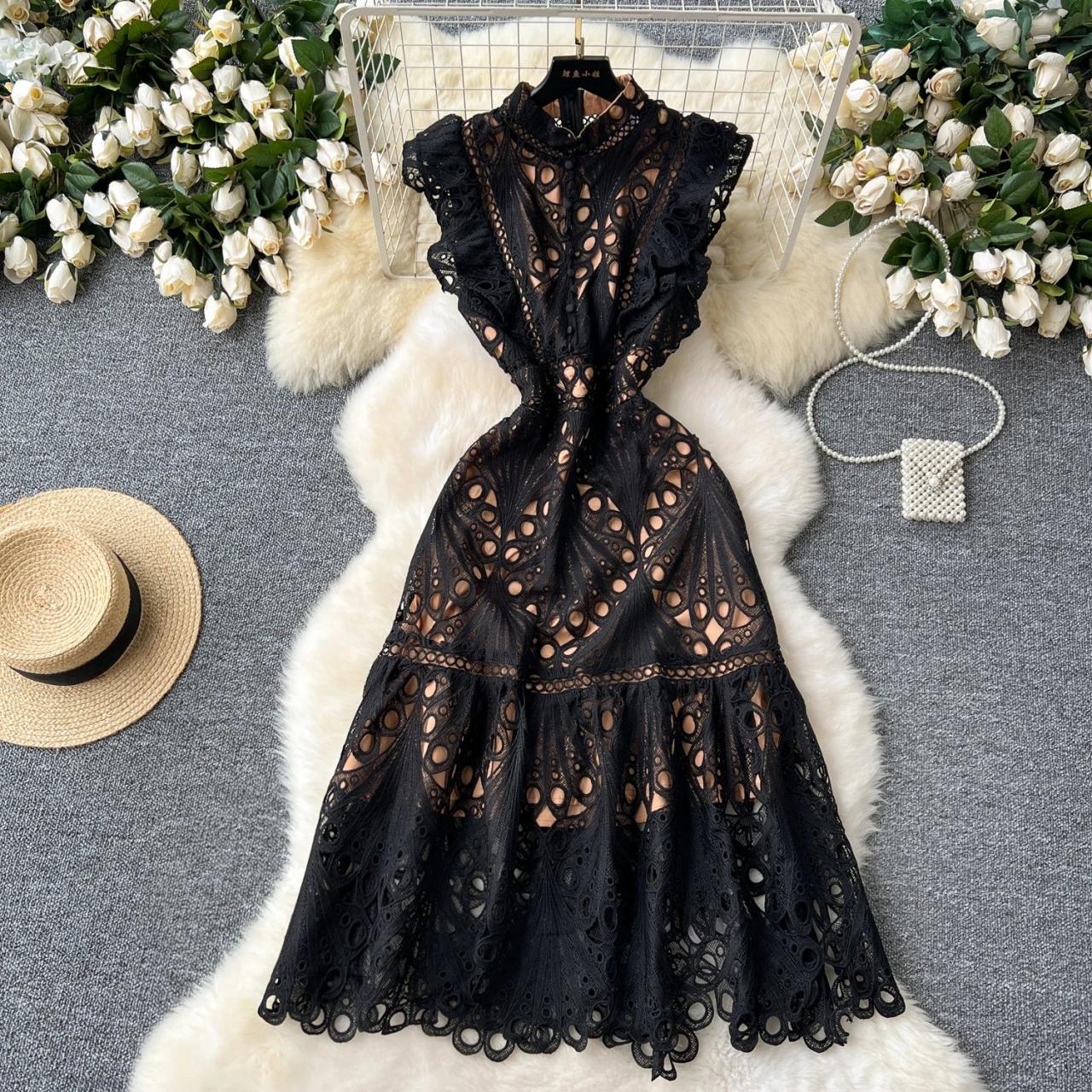 Elegant Black Lace Midi Dress with Cutouts