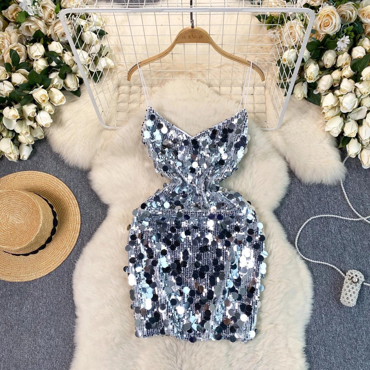 silver glitter bodycon dress Fitted Silver Sequin Evening Dress with Open Back main image 1
