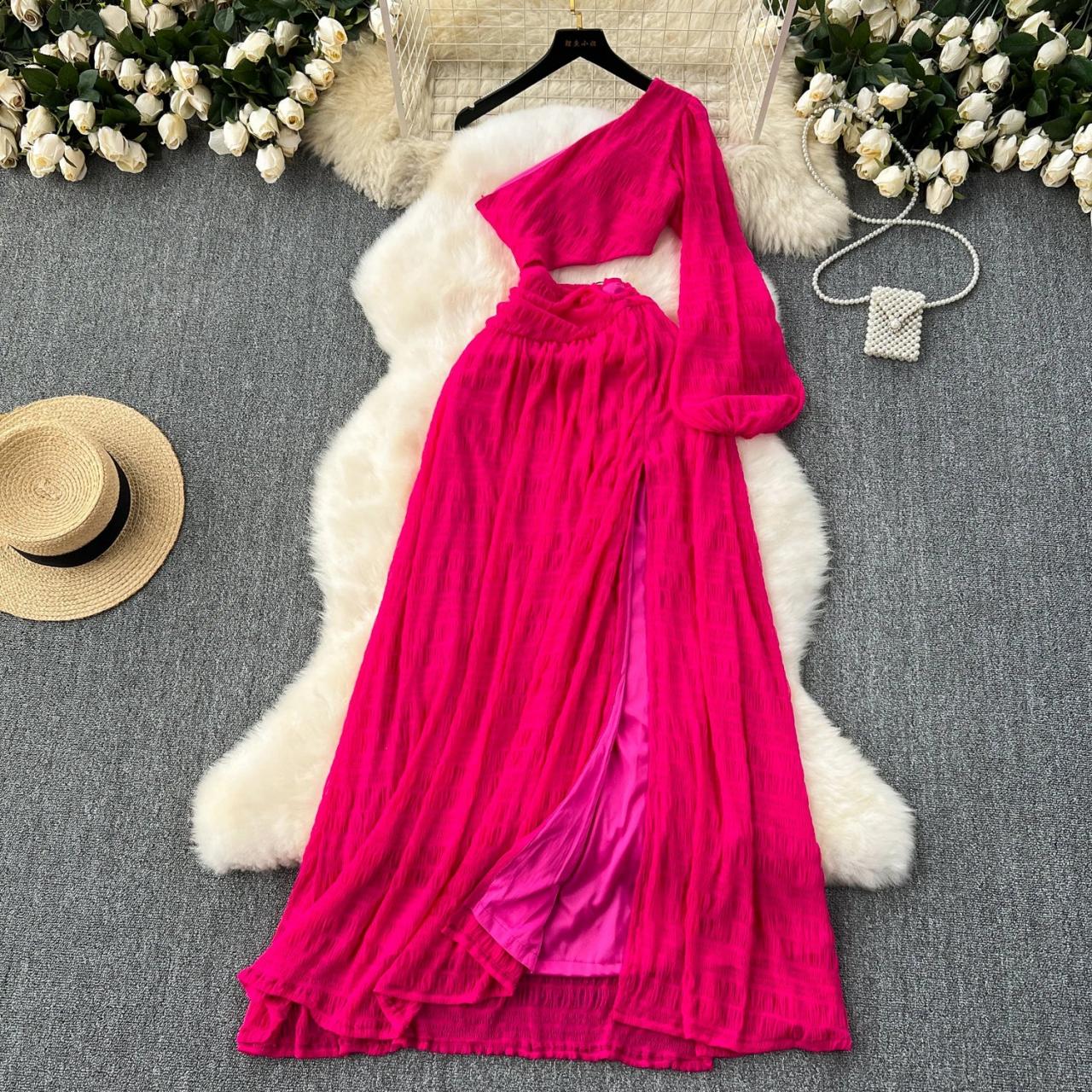 Elegant One-shoulder Fuchsia Maxi Dress