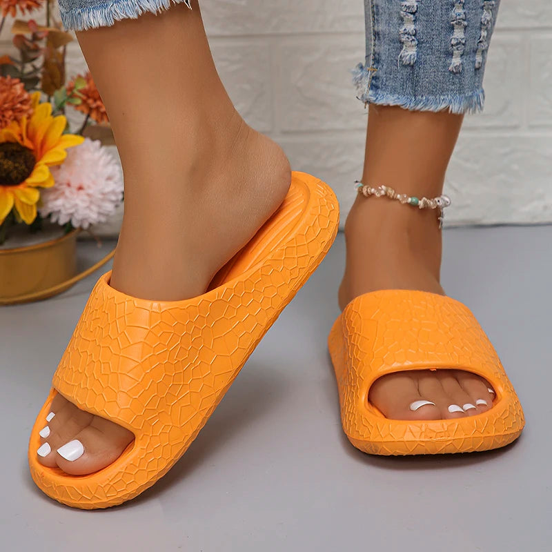Womens Comfortable Orange Textured Slide Sandals on Luulla