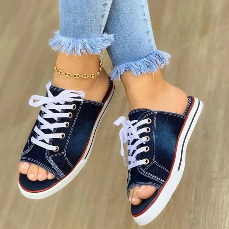 Denim Open toe Slip on Lace up Sneakers on Luulla