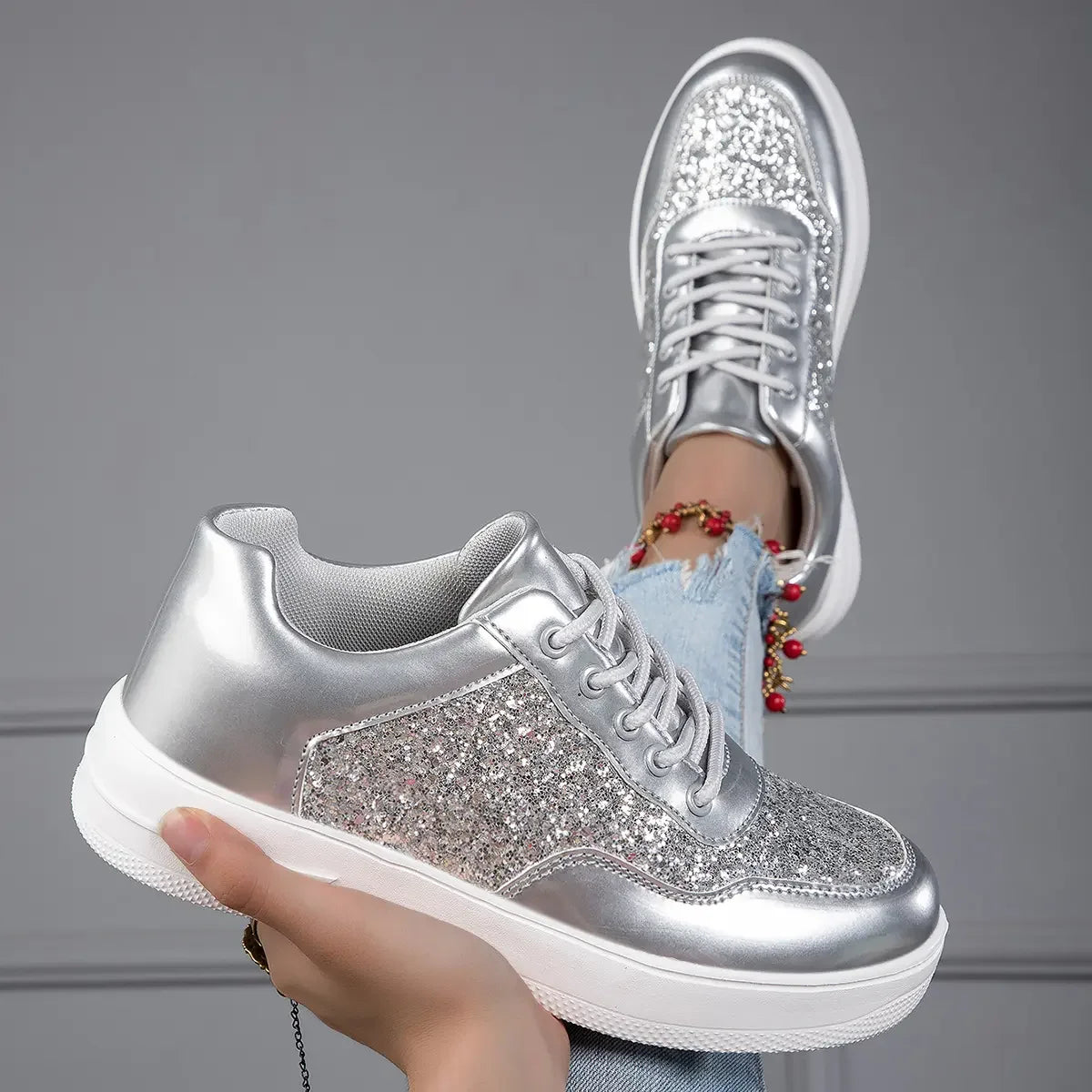 Womens silver glitter sneakers discount