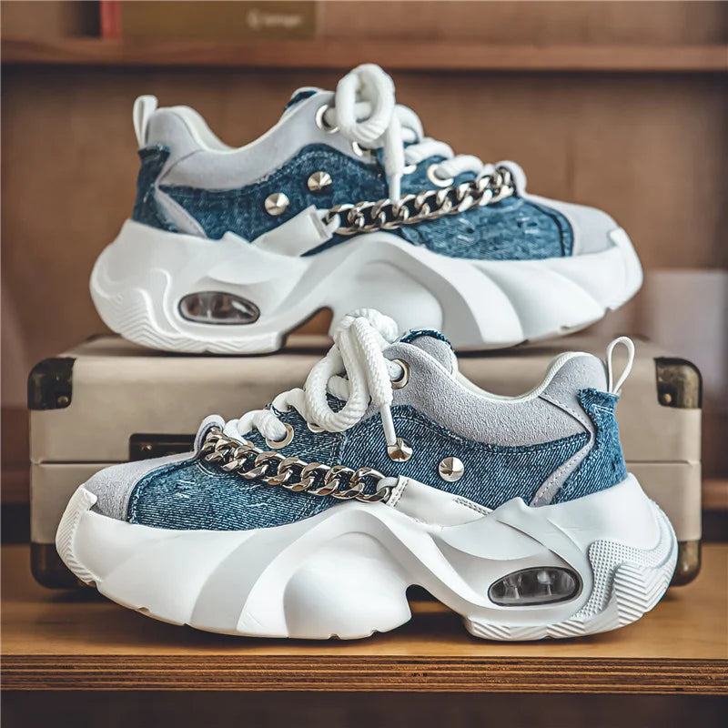 Trendy Chunky Sneakers With Denim And Chains on Luulla
