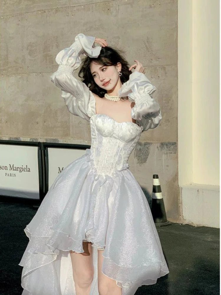 Tourtownbeach Elegant White Ruffled High Low Corset Dress