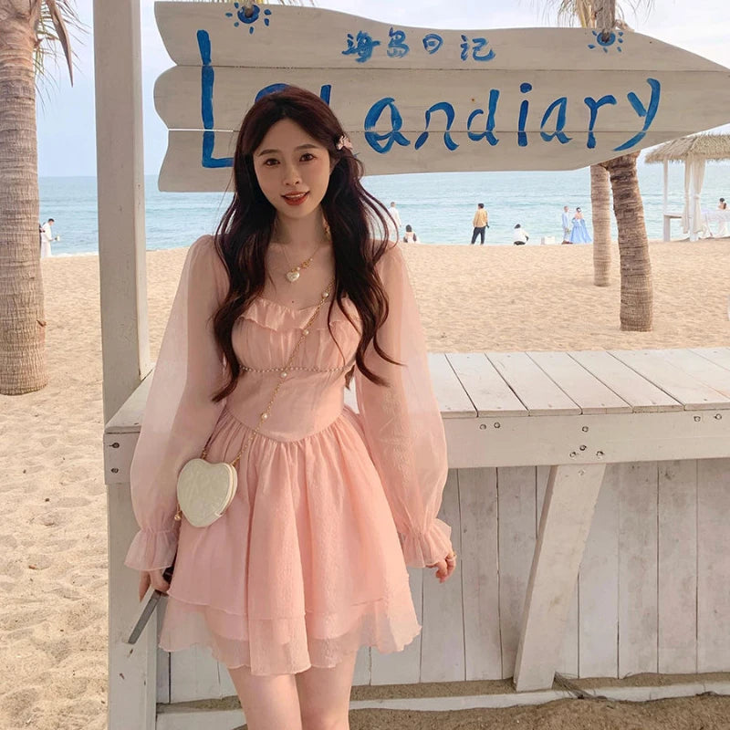 open lace back dress Light Pink Chiffon Long Sleeve Dress – Fairycore Aesthetic Outfit Light Pink / M