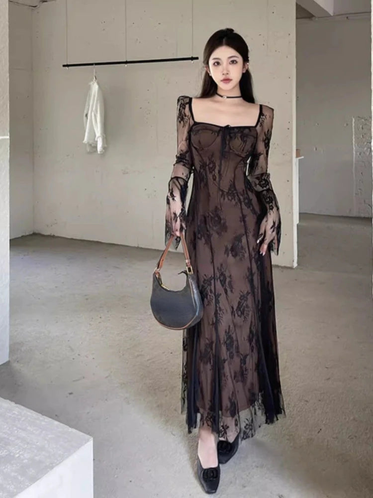 black sheer flower dress Black Rose Sheer Floral Stretch Maxi Dress