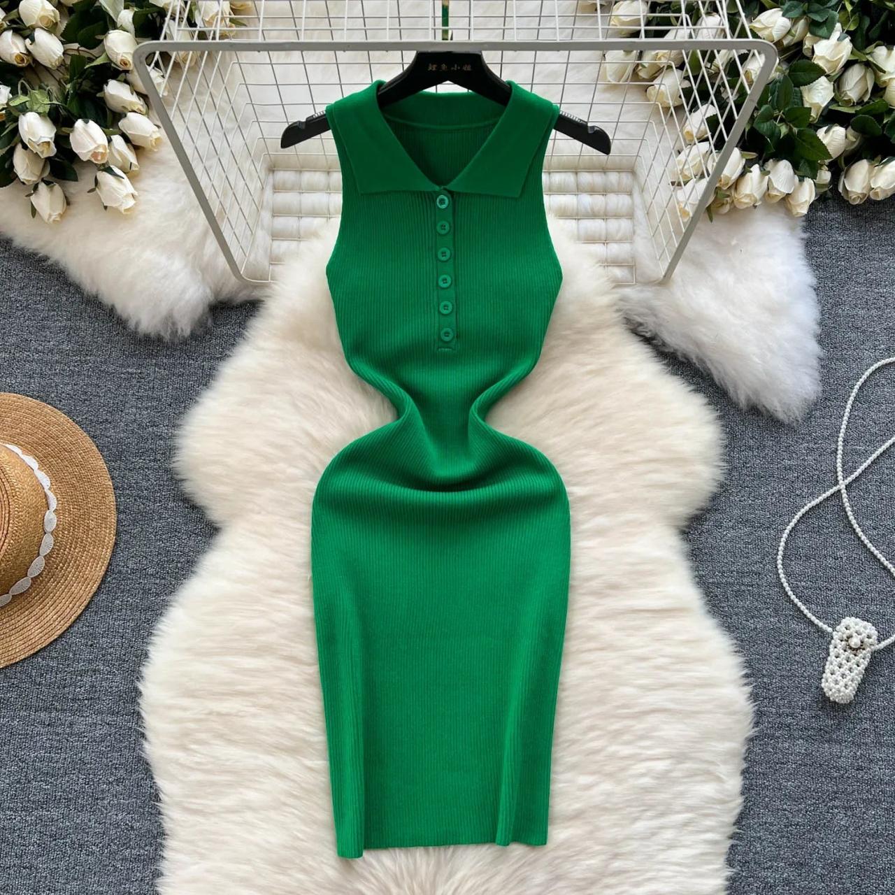 Green Sleeveless Ribbed Bodycon Dress With Collar on Luulla