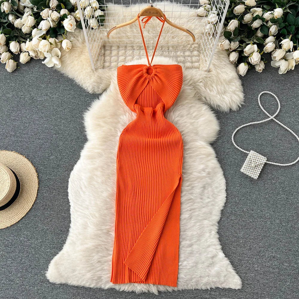 Elegant Orange Ribbed Halter Cutout Maxi Dress