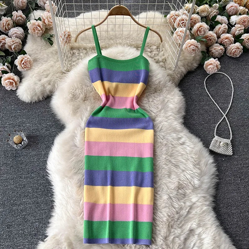 Colorful Striped Sleeveless Bodycon Knit Dress