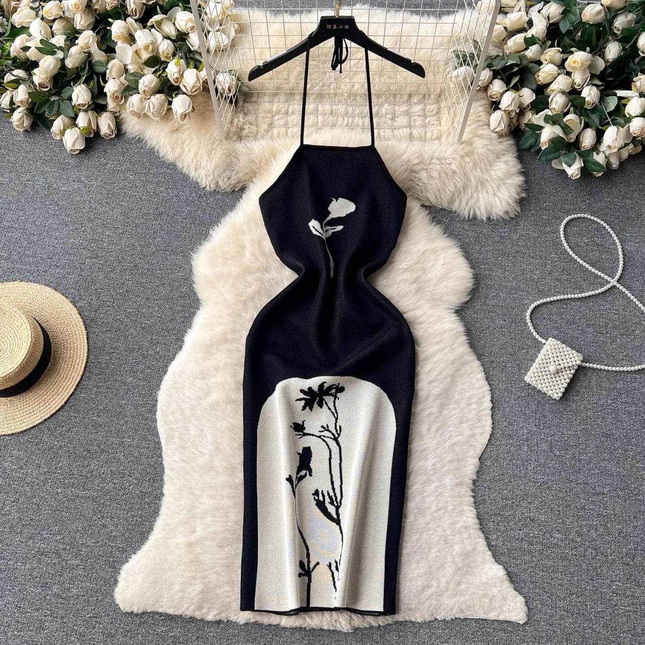 Elegant Black Halter Embroidered Midi Dress