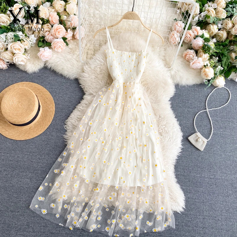 daisy dress cottagecore Skyraze Women's Vintage Cottagecore Embroidered Chiffon Beige Floral Daisy  Midi Dress, Summer Beach Vacation Holiday Casual Party Picnic Elegant  Luxury