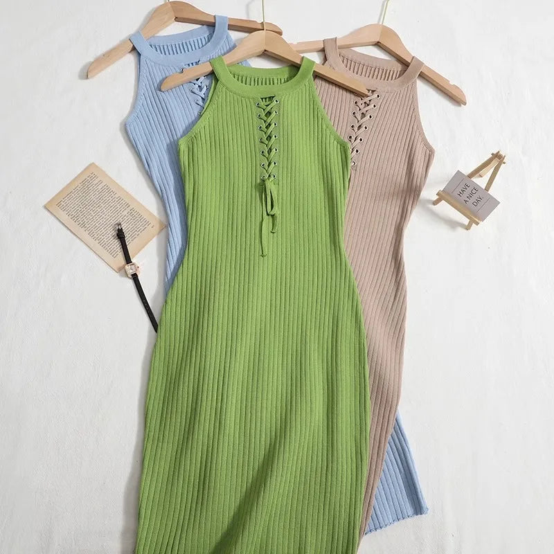 Summer Sleeveless Ribbed Knitted Halter Neck Dress