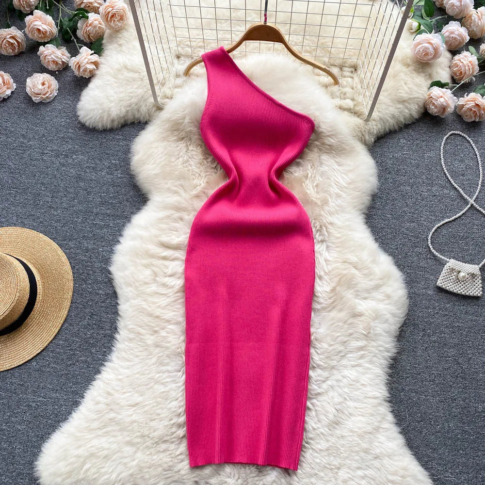One-shoulder Pink Bodycon Midi Dress
