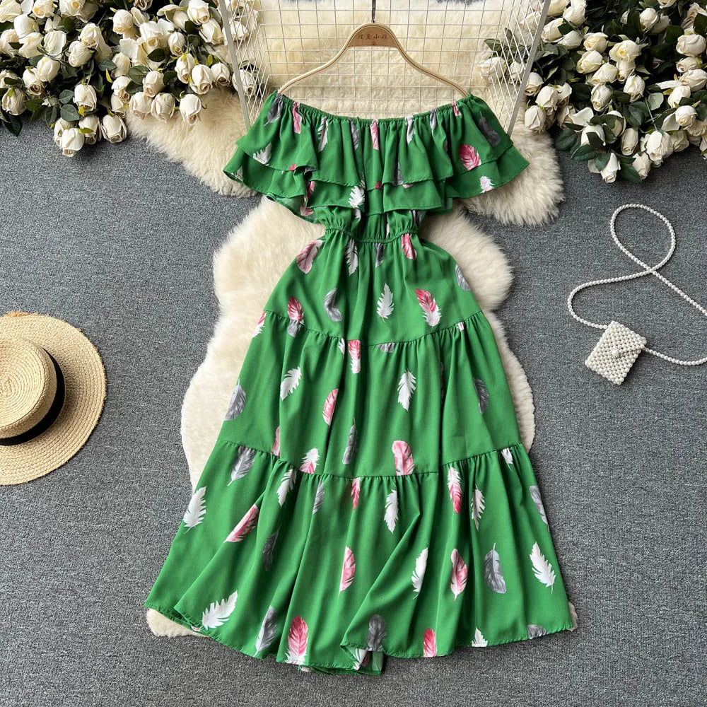 Off-shoulder Green Feather Print Maxi Dress on Luulla