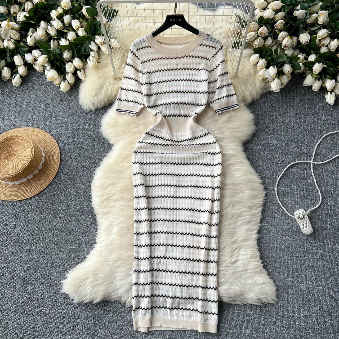 Elegant Knit Dress With Black Stripe Details