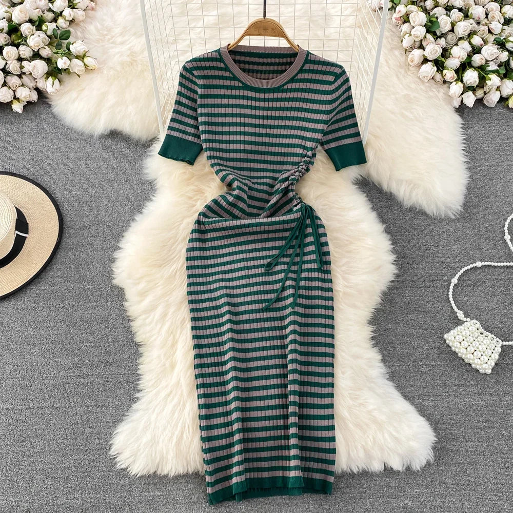 Striped Short-sleeve Belted Midi Dress Green on Luulla