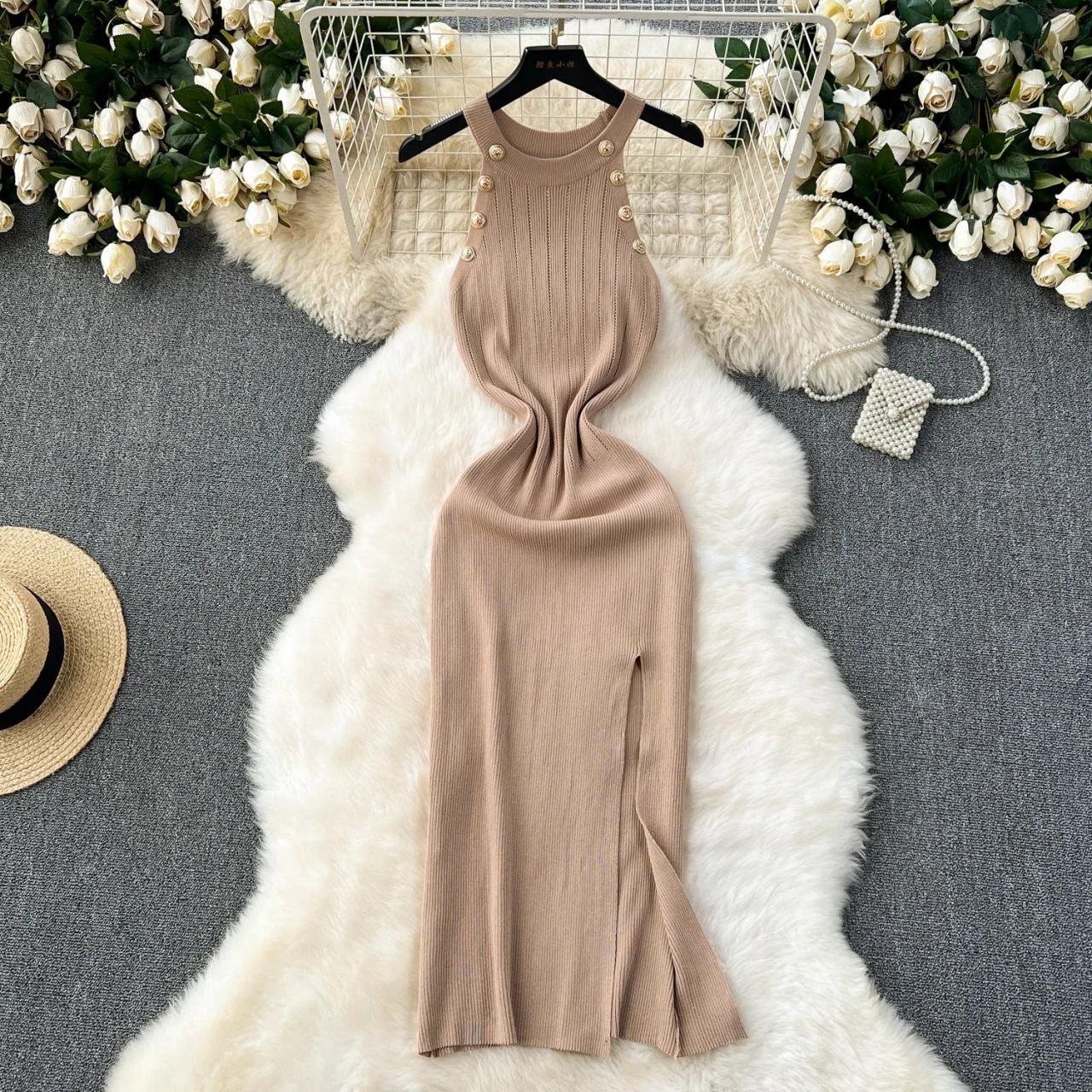Elegant Ribbed Knit Sleeveless Midi Dress on Luulla
