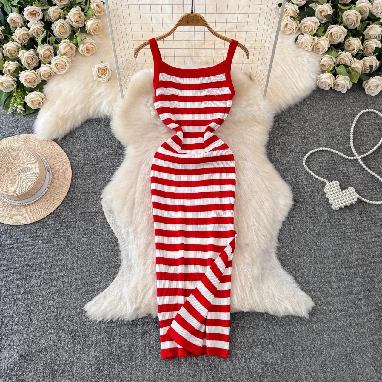 Red And White Striped Sleeveless Bodycon Dress
