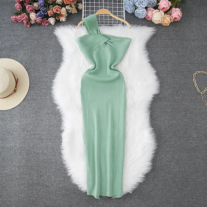 Elegant Mint Green Ribbed Knit Dress