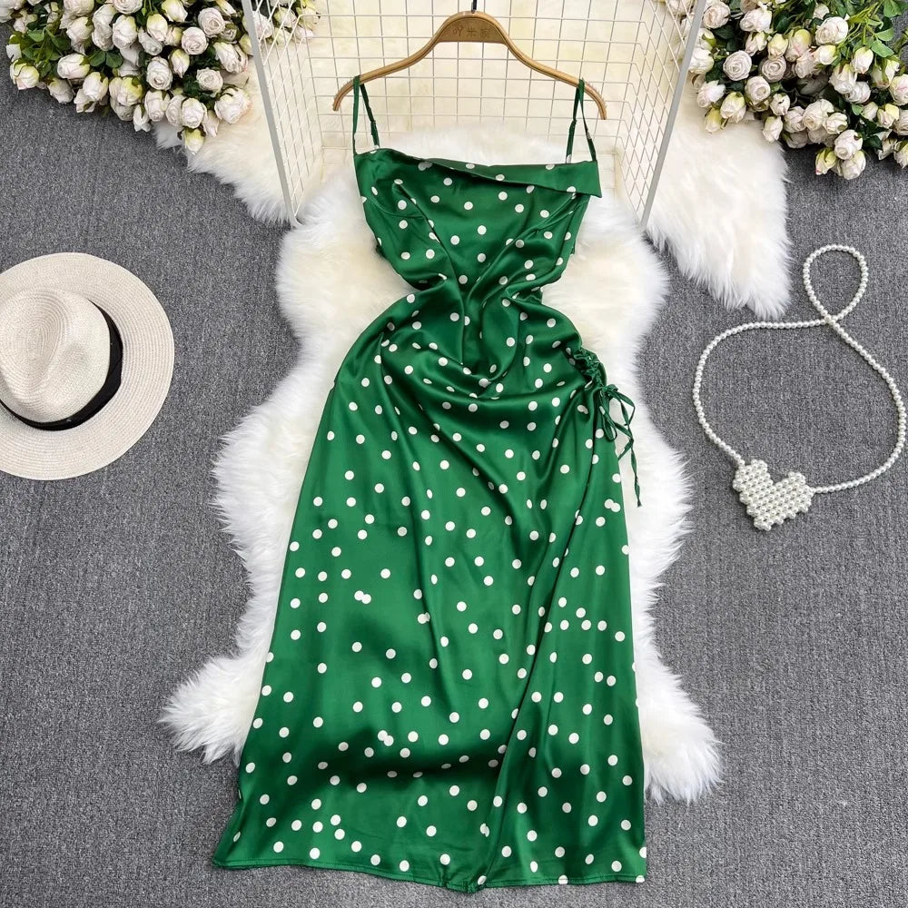 Green Polka Dot Sleeveless Satin Midi Dress on Luulla