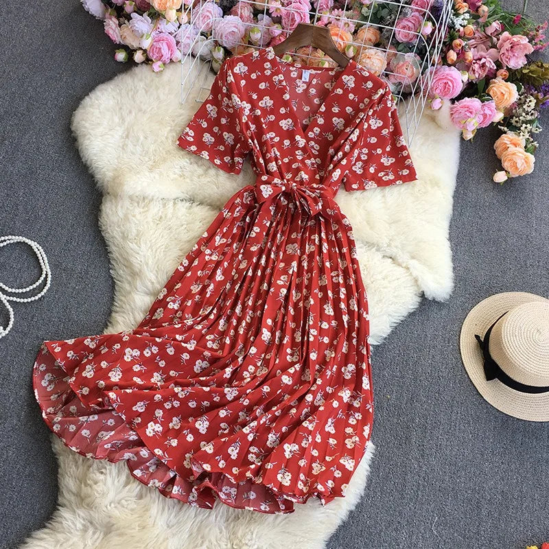 Floral Red Maxi Dress With Short Sleeves