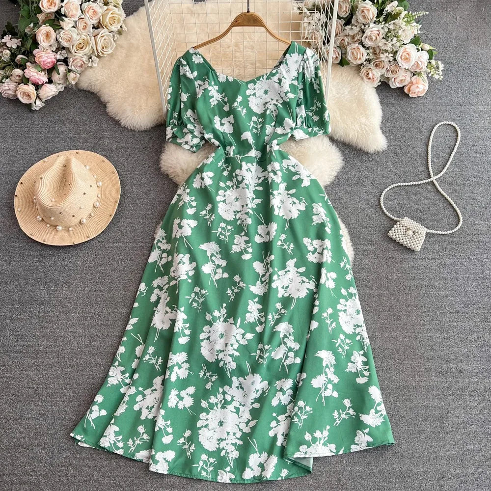 Green Floral Print Maxi Summer Dress