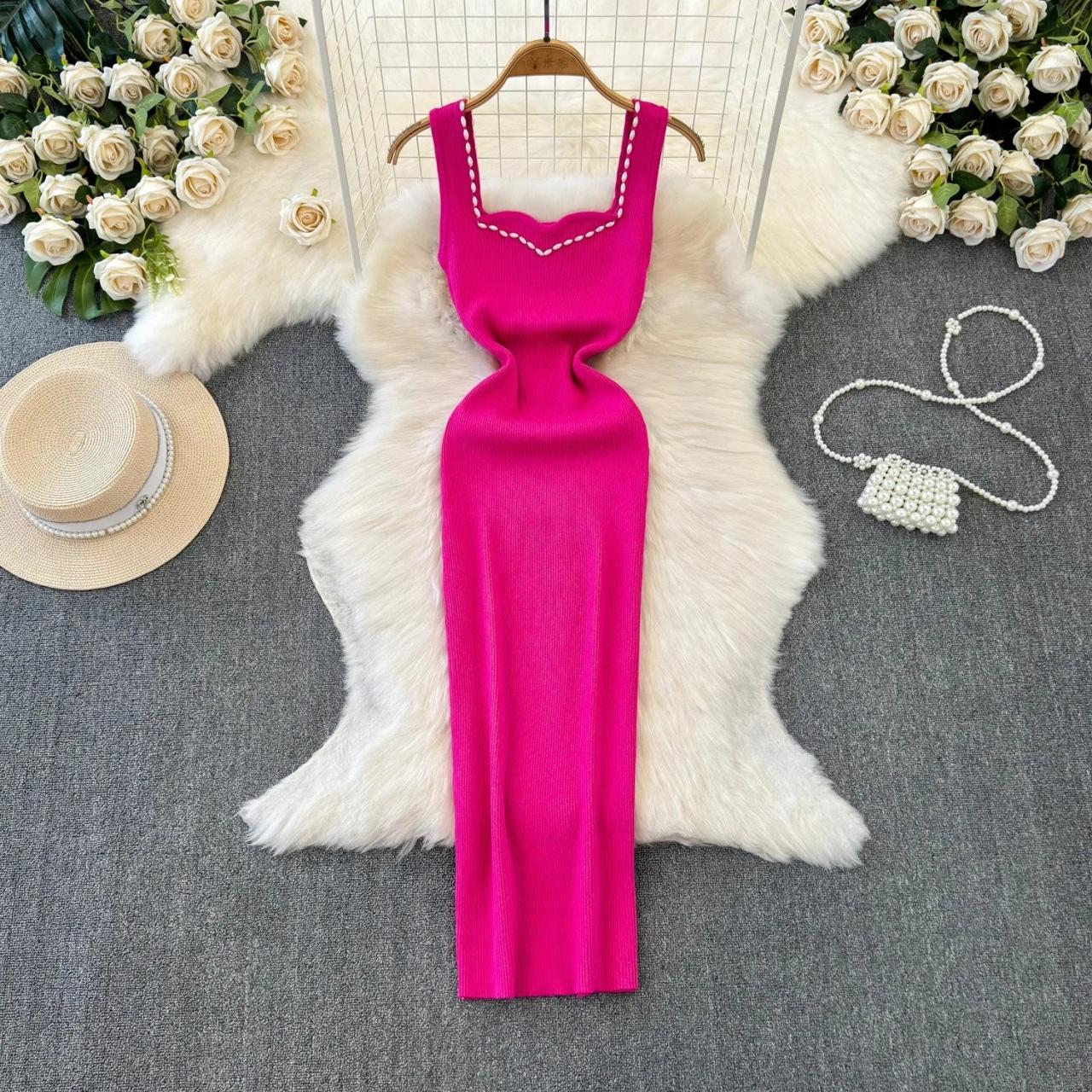 Elegant Pink Bodycon Dress With Pearl Trim on Luulla