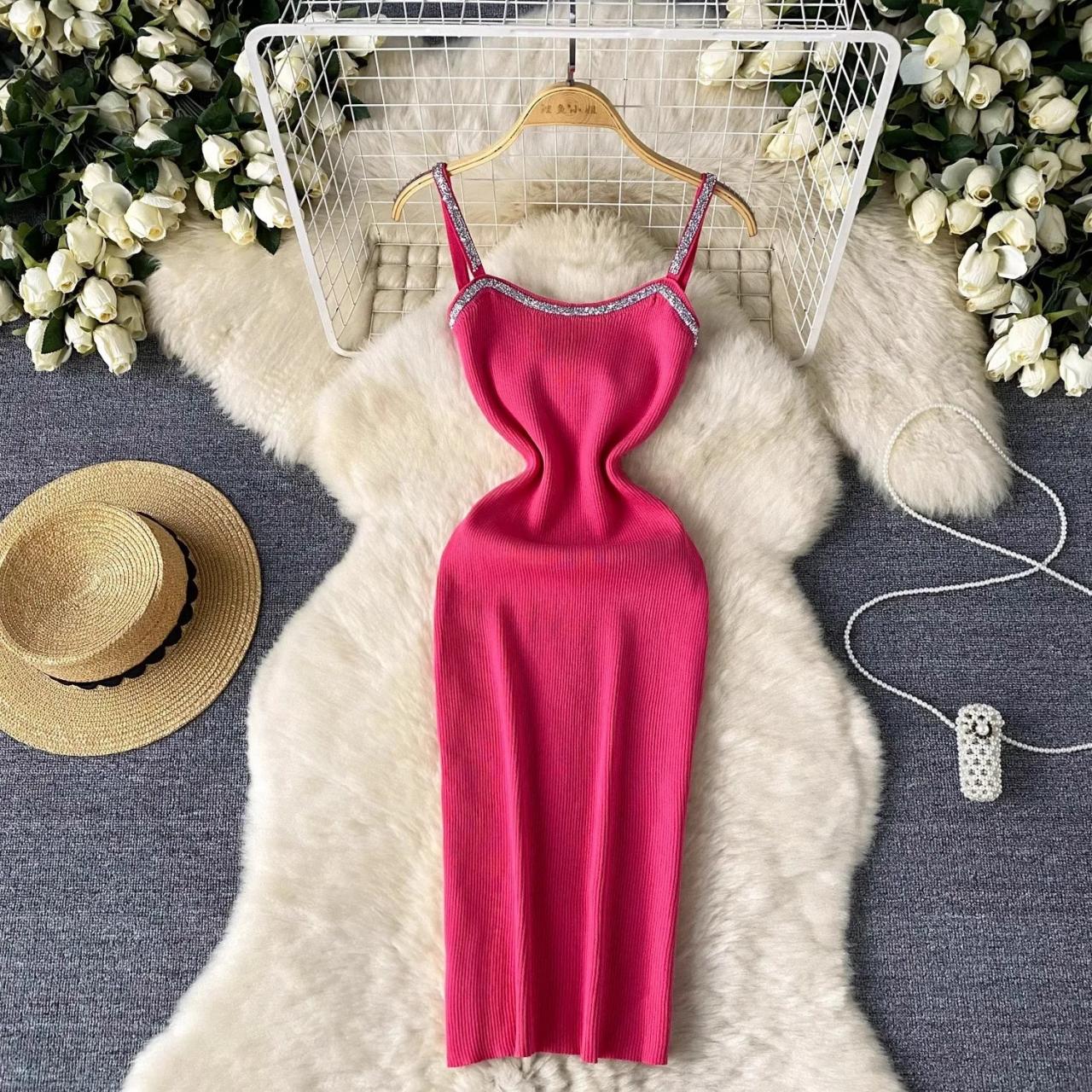 Elegant Pink Bodycon Dress With Sequin Straps