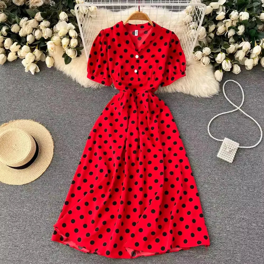strapless open back dress Zapaka Women Red 1950s Dress Polka Dots Button Vintage Dress with Short Sleeves, Red / S main image 1