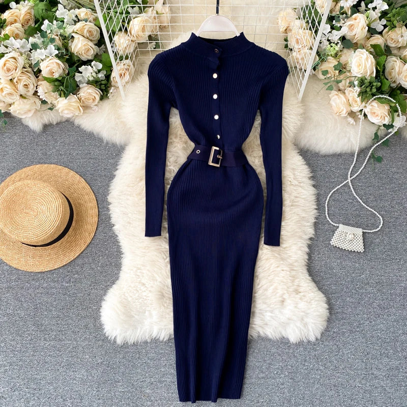 Elegant Ribbed Knit Belted Midi Dress on Luulla