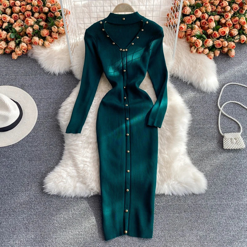 Elegant Pearl-embellished Long Sleeve Midi Dress on Luulla