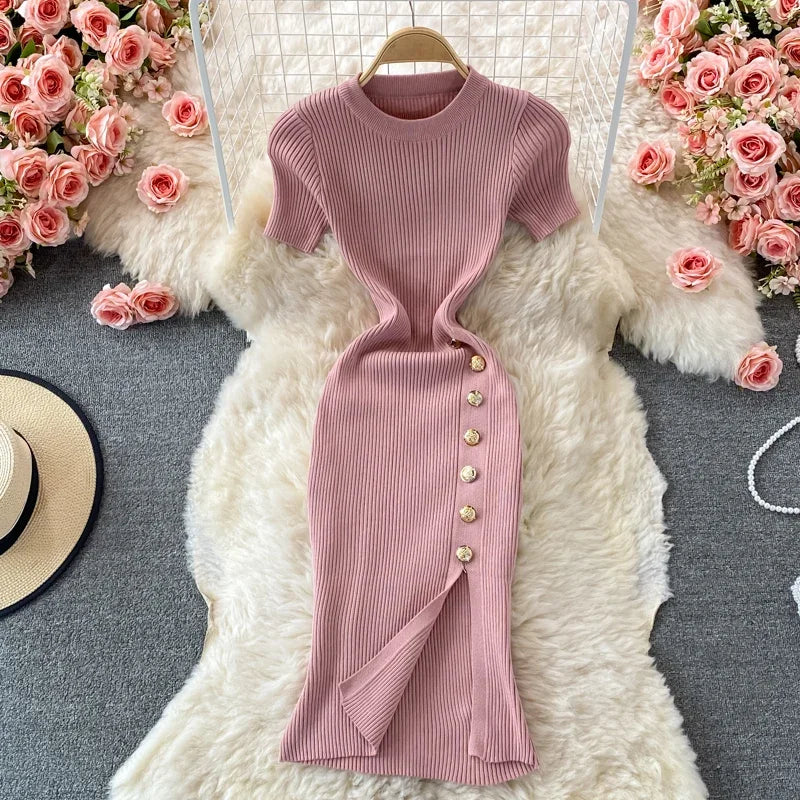 Elegant Burgundy Ribbed Bodycon Dress With Buttons on Luulla