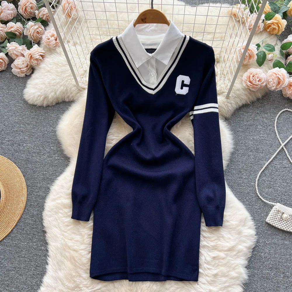 Womens Navy Blue Sweater Dress With Collar
