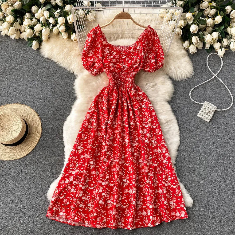 red floral puff sleeve dress Red Floral Puff Sleeve Maxi Dress