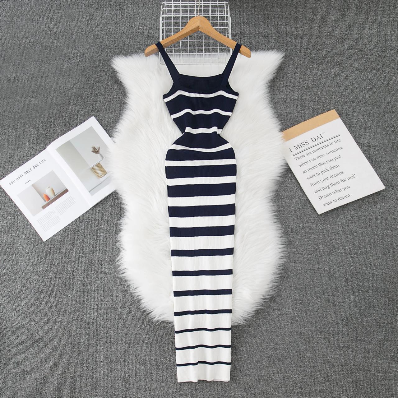 Striped Sleeveless Bodycon Maxi Dress Black White
