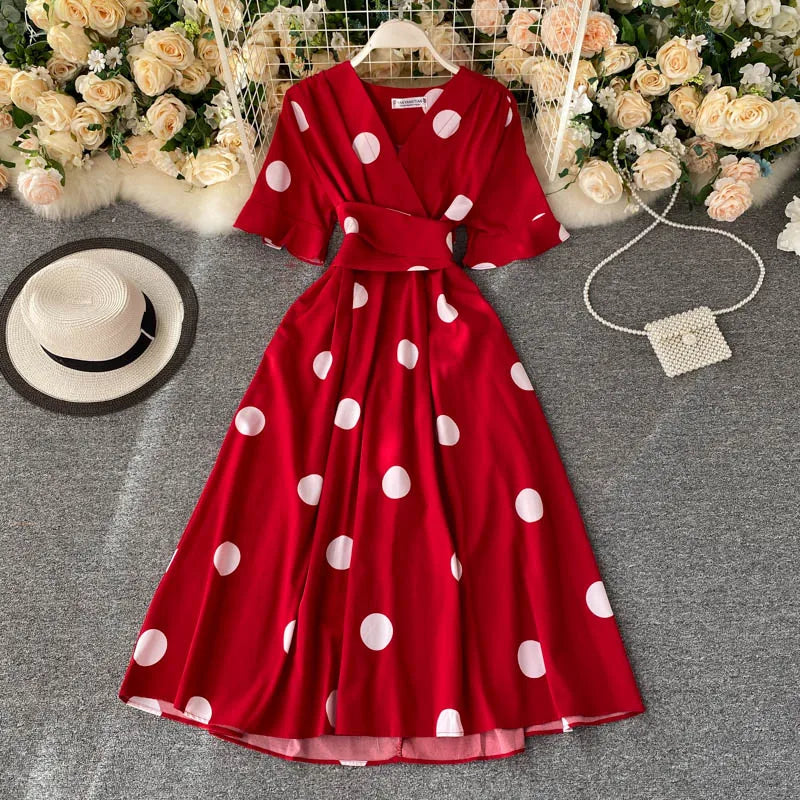 Red Polka Dot V neck Midi Dress